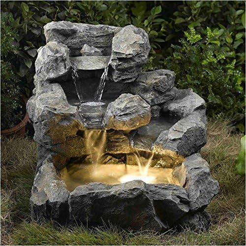 Bowery Hill Cascading Outdoor Indoor Fountain, Polyresin and Fiberglass Construction, Illuminated Waterfall Design, Includes Pump and Finger Light, Weatherproof, 23 in H x 21 in W x 20 in D