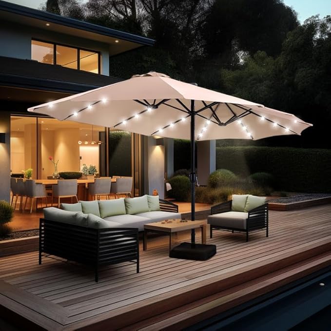 GREEN PARTY 15 ft Large Outdoor Patio Umbrella with Solar Led Lights & Base Included, Double-Sided Rectangular Table Umbrella with Stand, Market Umbrellas for Deck Poolside Garden Backyard, Beige