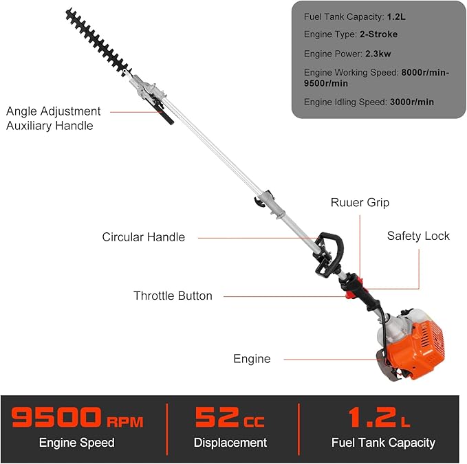 52cc 2-Stroke Gas Weed Eater, 5 in 1 Weed Wacker Gas, Hedge Trimmer with Attachments, 9500rpm Strong Power & Brush Cutter for Yard and Garden (Orange)