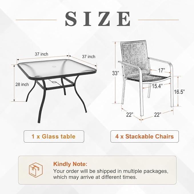 Anmutig 5-Piece Outdoor Patio Dining Set 37-Inch Square Glass Table with 4 Stackable Chairs for Lawn Backyard and Deck, Brown