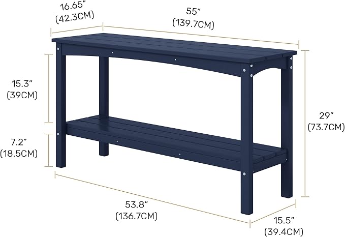 Costaelm Adirondack Outdoor Side Table, 55” HDPE Small Outside Table with Storage Shelf, Weather Resistant Plant Shelf, Outdoor Coffee Table and Buffet Table for Pool & Yard, Navy Blue