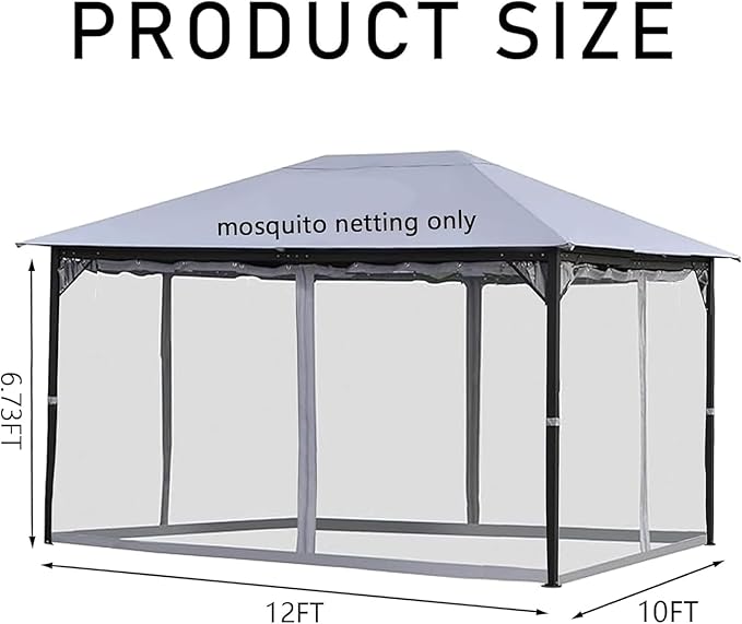 10' x 12' Gazebo Universal Replacement Mosquito Netting,Grey Outdoor Canopy Net Screen 4-Panel Sidewall Curtain, with Zippers,Mosquito Netting（Only）