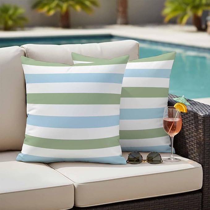 Sage Green Blue Striped Outdoor Pillow Covers 24x24 Inch Throw Pillow Covers Set of 2 Waterproof Decorative Pillow Cases Farmhouse Sage Green Stripes Cushion Covers for Patio Furniture Garden Couch
