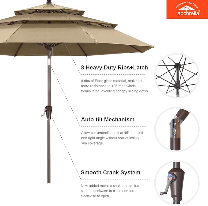 ABCCANOPY 5-Year 10-Year No Fading 9FT 3 Tiers Patio Umbrella, Outdoor Table Umbrella with 8 Sturdy Ribs for Deck, Backyard, Garden, Yard