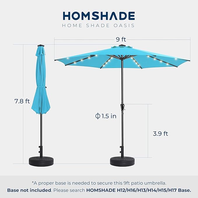 HOMSHADE 9ft Solar Patio Umbrella - Solar Lights LED Lighted Outdoor Market Table Umbrella, UPF50+ UV Protection with Push Button Tilt, Crank for Pool Deck and Garden (Light Blue)