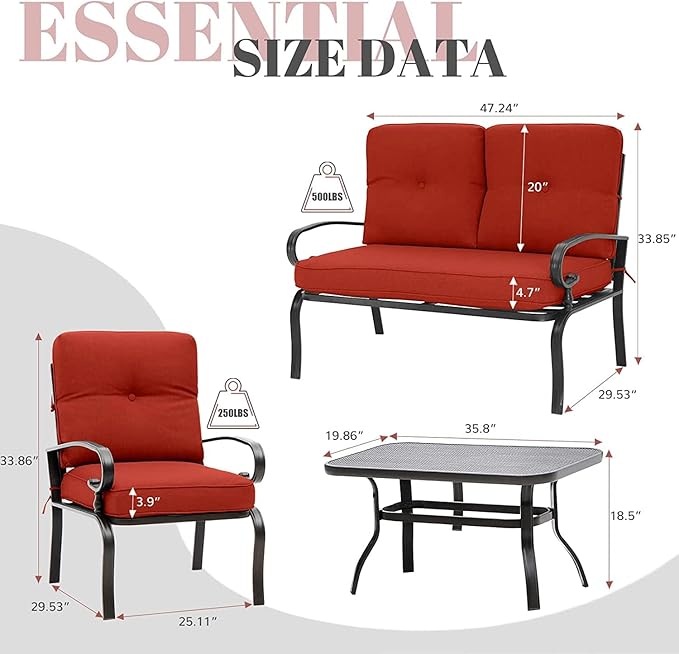 Incbruce 4Pcs Outdoor Metal Furniture Sets Wrought Iron Patio Furniture Conversation Set (Loveseat, Coffee Table, 2 Chairs) - Steel Frame Patio Seating Set with Red Cushions