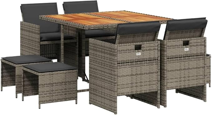 9 Piece Patio Dining Set with Cushions Gray Poly Rattan Outdoor Furniture Table and 4 Chairs with Stools Foldable Space Saving Acacia Wood Top Heavy Duty Weather Resistant for Garden Backyard