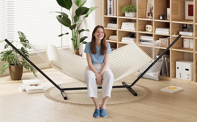 2 Person Hammock with Heavy Duty 500Lb Capacity Stand - Portable Cotton Rope Hammock & Quilted Comfort Pad - Relax Together Indoor or Outdoor (Beige)