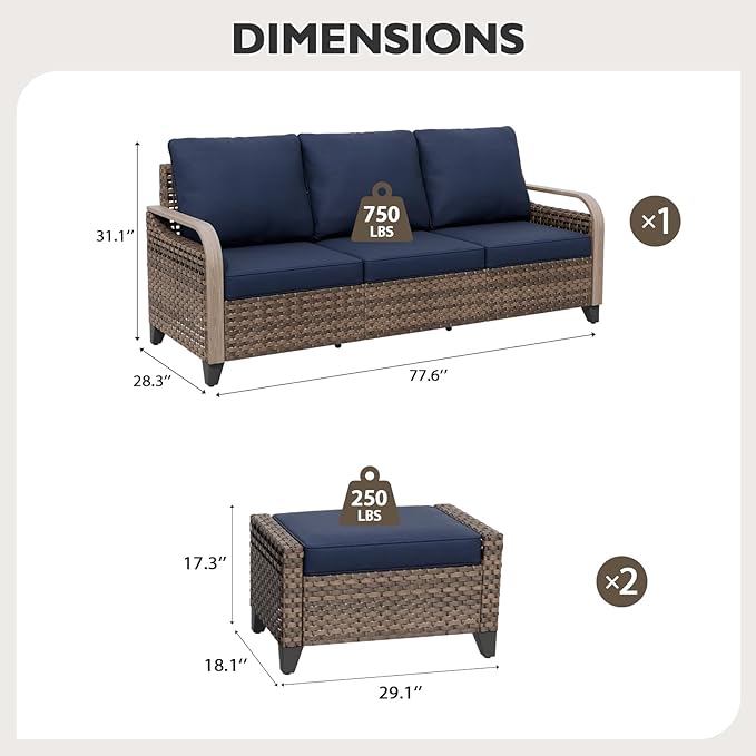 EAGLE PEAK Modern Wicker Outdoor Patio Furniture Set, Patio Conversation Set, a 3-Seat Loveseat and 2 Ottomans, 3 Pieces, Brown/Blue