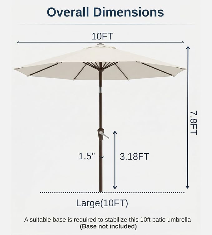 10FT Patio Umbrella, Outdoor Umbrella with Push Button Tilt and Crank, 8 Sturdy Ribs, UV Protection & Waterproof Market Umbrella for Pool, Backyard, Beach,Deck (Cream White)