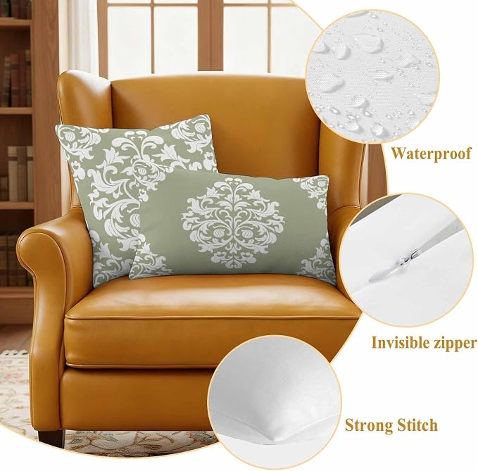 Outdoor Pillow Covers Set of 2, Luxury Flower Sage Green Decorative Throw Pillow Covers 20X12IN, Abstract Floral Throw Pillows Protector Cushion Case for Patio,Couch,Sofa,Garden