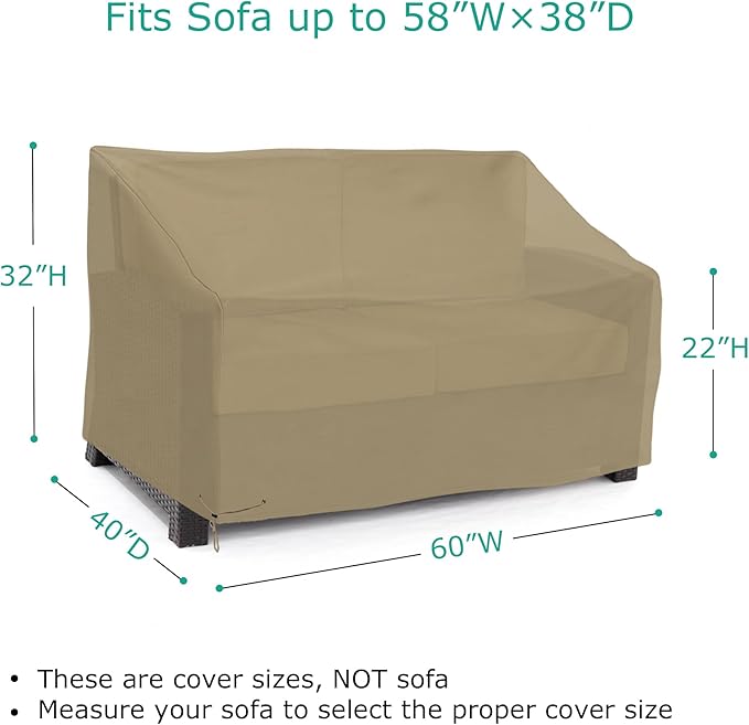 SunPatio Waterproof Patio Sofa Covers, Heavy Duty Outdoor Furniture Covers, Deep Seated Loveseat Covers with Air Vent/Closure Straps/Drawstrings, All Weather Protection, 60" W x 40" D x 32" H, Taupe