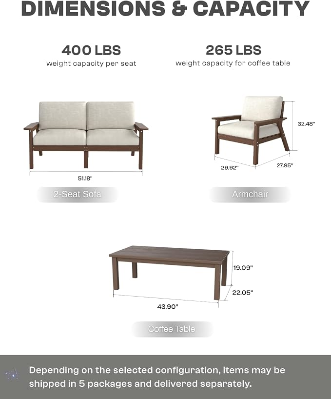 HDPE 5 Piece Patio Furniture Set, Outdoor Couch with Washable Thick Beige Cushions & Coffee Table, Outdoor Sectional Furniture for Backyard, Deck, Lawn, Porch (Brown Frame)