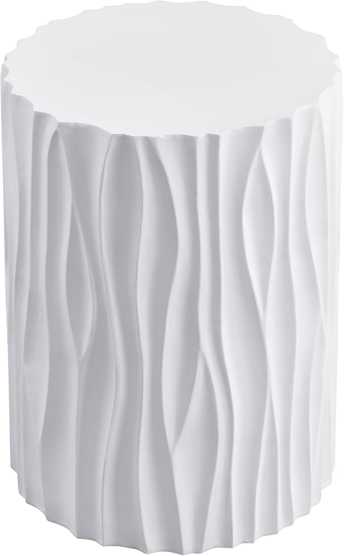 Modern White Outdoor MGO Side Coffee Table with Wavy Fluted Design 15.75" Round, 21.97" H, Assembly-Free for Patio, Garden, or Balcony White
