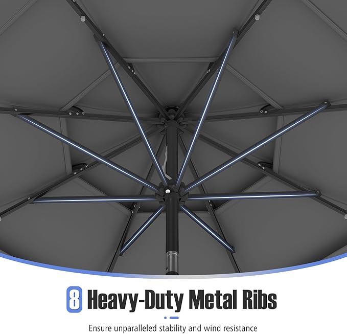 Tangkula 10 FT Solar LED Patio Umbrella, 3-Tier Vented Outdoor Market Table Umbrella with 32 LED Lights, Tilt Adjustment, Crank Handle, 8 Ribs for Backyard Pool Deck (Gray)