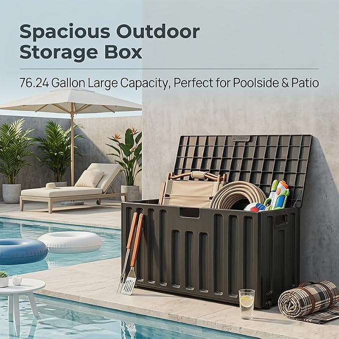 76 Gallon Outdoor Deck Box with Wheels & Lockable Lid - Waterproof UV Resistant Resin Storage Box, Patio Bench Container for Garden Tools, Pool Accessories, Backyard Porch & Patio Cushions (Black)