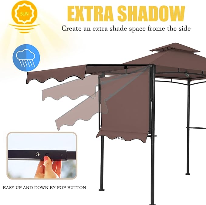 FAB BASED 5x8 Grill Gazebo with Extra Awning, All-Weather Steel Construction, Double Tiered & Resistant Canopy Roof, Metal Serving Shelves, 2 LED, Bottle Opener for Patio, Backyard, BBQ (Brown)