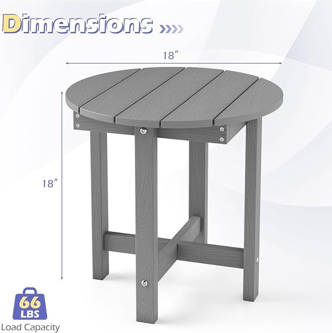 Tangkula Round Outdoor Side Table, Adirondack Side Table with Weather-Resistant, Waterproof Top, Small Outside End Table for Patio Deck Pool Porch, Easy Maintenance (Grey,1)