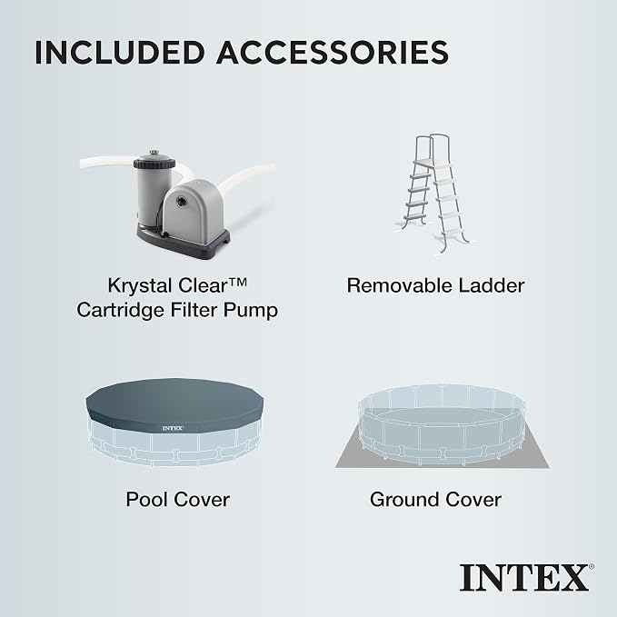 Intex 26731EH 18ft x 48in Outdoor Prism Frame Above Ground Swimming Pool Set with Cover, Ladder, Filter Pump, and 6 Replacement Filters, Gray