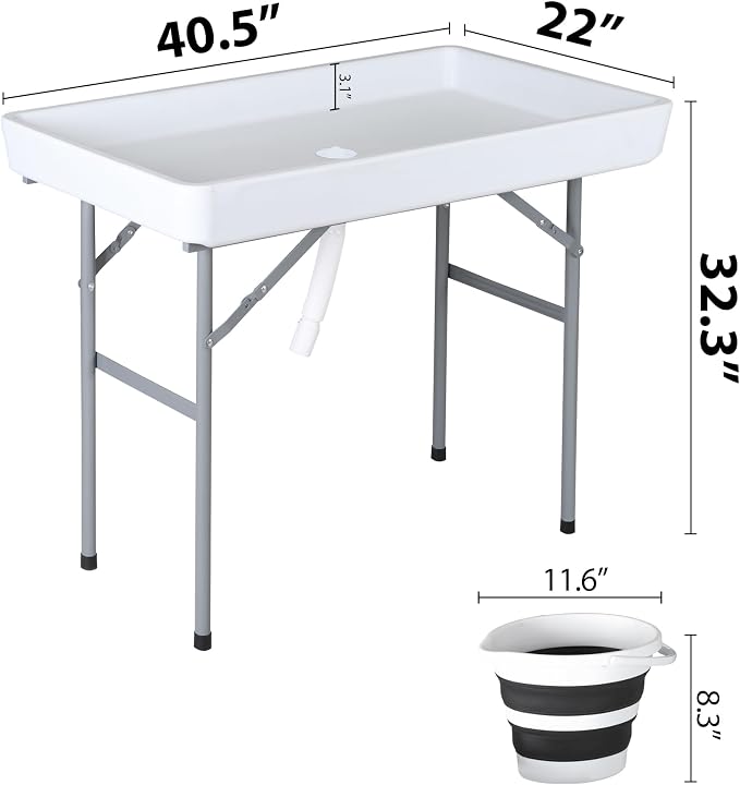 SUPER DEAL Party Ice Cooler Folding Table with 5L Bucket, Portable Outdoor Cooler Table with Removable Matching Skirt, Large Sink and Drain for BBQ, Picnic, and Camping