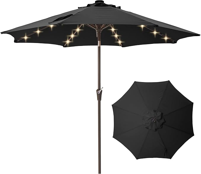 9FT Solar-Powered LED Patio Umbrella with Tilt Crank,Outdoor Market Umbrella with 32 Lights,Sunshade for Deck, Garden and Pool