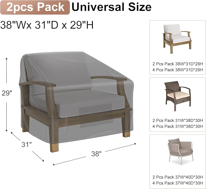 Mrrihand Patio Chair Covers Outdoor Furniture Covers Waterproof Lounge Deep Seat Cover Heavy Duty Lawn Patio Furniture Covers 2 Pack - 38W x 31D x 29H inch