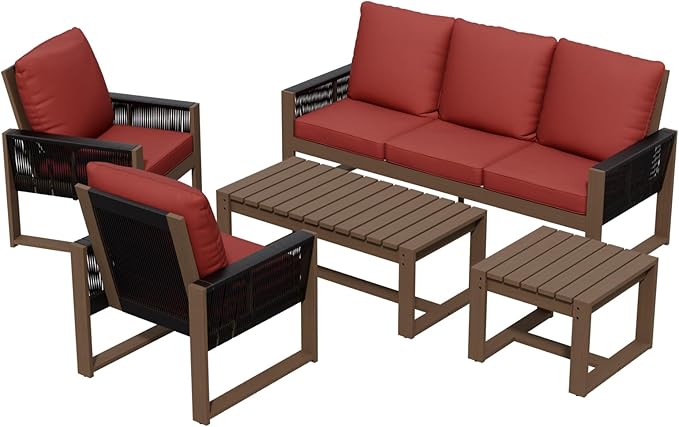 Rustic Hideaway Natural Cedar Wood Outdoor Furniture Set, Wicker Patio Conversation Set for Porch Garden Backyard, Couch, 2 Patio Chairs, Tables, 5 Piece, Brownish/Red