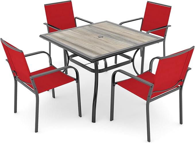 Anmutig 5-Piece Outdoor Patio Dining Set 37 Inch Square Wooden-Like PVC Table with 4 Stackable Chairs for Garden Backyard Red