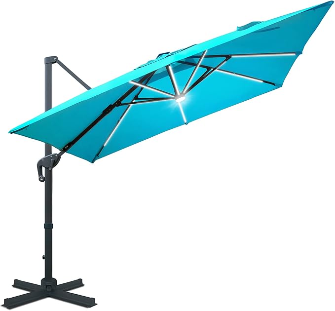 Sunnyglade 10x10ft Solar Powered LED Cantilever Patio Umbrella Square Deluxe Offset Umbrella 360°Rotation & Integrated Tilting System & LED lights for Market Garden Deck Pool Backyard Patio