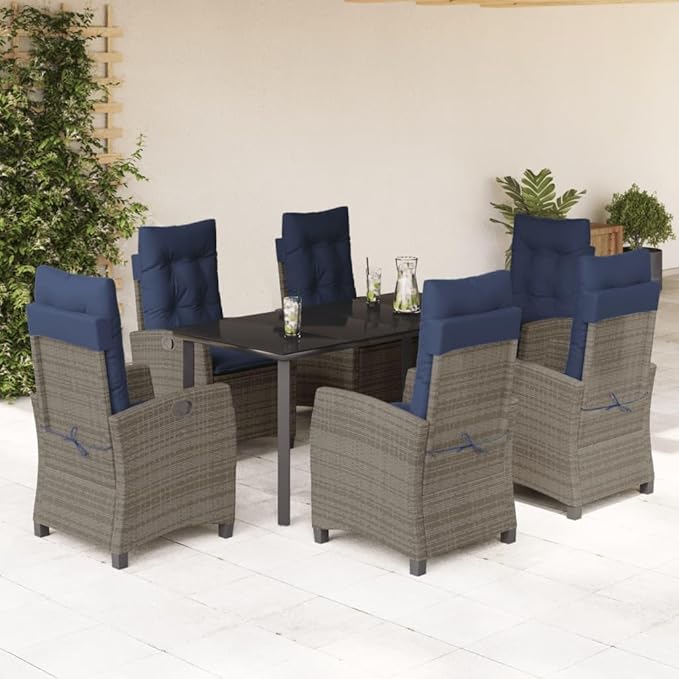 Backyard Furniture Patio Conversation Sets Outdoor Seating 7 Piece Patio Dining Set with Cushions Gray Poly Rattan Suitable for Gardens, Balconies, Decks