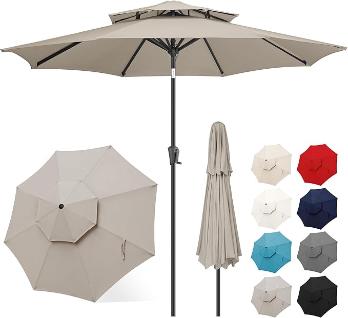 FLAME&SHADE 9ft Patio Umbrella - 2 Tiers Outdoor Umbrella with Push Button Tilt and Crank for UV Protection, Table Market Umbrella for Garden, Deck, Backyard, Pool and Beach(Taupe)