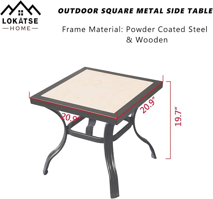 LOKATSE Home 21" Outdoor Square Patio Bistro Side Table Metal Steel Legs with Ceramics Top
