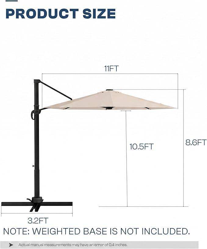 11 FT Round Cantilever Umbrella,Easy Tilt, Fade Resistant & 360° Rotation, Offset for Pool Deck Backyard Patiobeige (Base not Included)