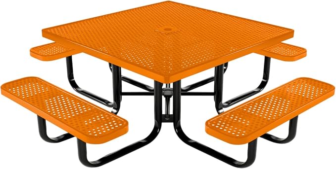COATEDOUTDOORFURNITURE Heavy-Duty Portable Outdoor Kids Table with Umbrella Hole, Punched Steel Kids Picnic Table, Commercial-Grade, Made in America (46 in, Square, Childrens, Orange)