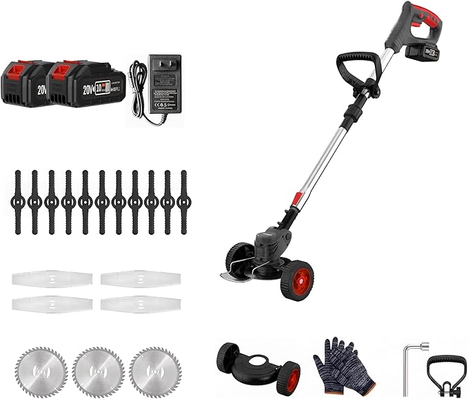 FIREHELP-20V Max Brushless String Trimmer Edger with Dual Batteries, Adjustable Telescopic Shaft, 3 Mode Cutting (Trimmer/Edger/Mower) (Matte Black + Wheel Set)