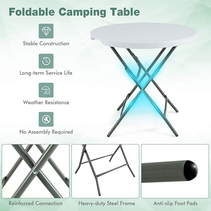 MEDIMALL 32” Round Folding Table, Portable & Lightweight Picnic Table with HDPE Tabletop & Heavy-Duty Metal Frame, Indoor Outdoor Fold Up Table for BBQ, Camping, Party, Dining