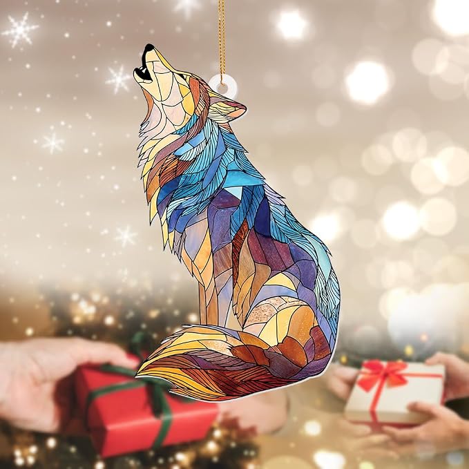 Wolf Stained Glass Ornament, Howling Wolf Window Hanging Acrylic Suncatcher, Wildlife Animal Decor for Home, Car Mirror, Office, Collectible Ornament Gift for Wolf Lovers (Sun-09)