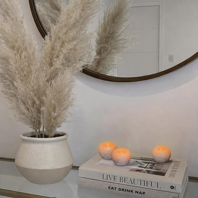 FURORA LIGHTING Small Silver Glittery Real Wax Flameless Candles, Pack of 3 – LED Flickering Small Round Candles, 2.4” x 1.6”, Battery Included, Ideal for Home Décor