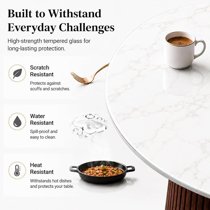 24" Round Tempered Glass Table Top, 5/16" (8mm) Thick, Marble Pattern Replacement, Heavy-Duty, Heat & Scratch Resistant for Coffee, Dining & Patio Tables, White