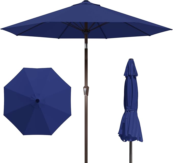 Kingdura 9FT Outdoor Patio Umbrella, Market Table Umbrella with Push Button Tilt & Crank, 8 Sturdy Ribs, UV Protection for Garden Lawn Deck Backyard Pool (Navy blue)
