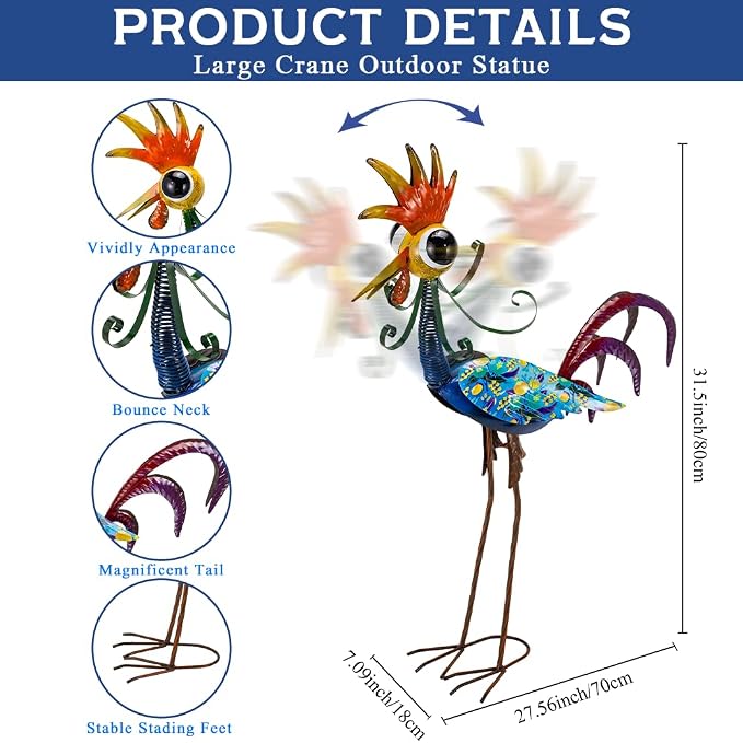 31.5'' Wacky Rooster Garden Statue for Outside, Patio, Backyard, Lawn | Metal Rooster Decor Yard Statue Decorations, Waterproof Chicken Yard Art, Royal Blue