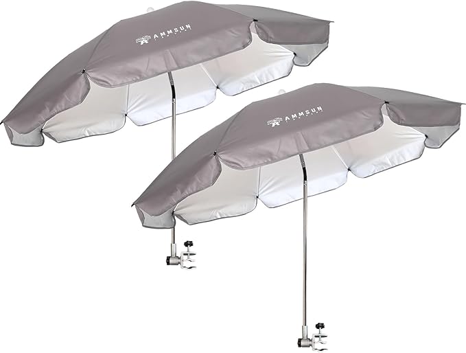 AMMSUN Chair Umbrella with Universal Clamp Adjustable 47 inches and 360° Swivel & UPF 50+ Protection Portable Sun Umbrella, Secure Clip on Camping/Beach Chairs, Stroller, Wheelchair, Golf cart, Lounger, Grey, 2 PACK