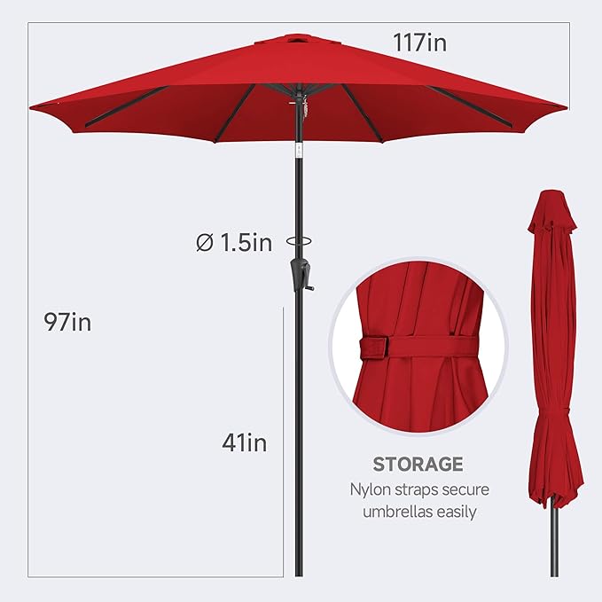 FLAME&SHADE 10 ft Outdoor Market Patio Table Umbrella with Fiberglass Rib Tips and Tilt, Red