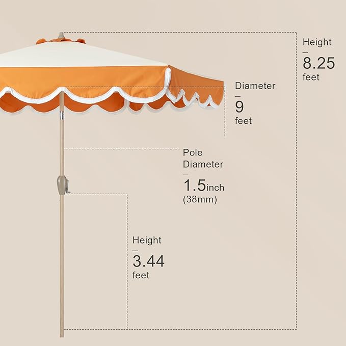 Tempera 9ft Scalloped Patio Umbrellas with Fringe, Market Umbrellas with Water-Resistant and Fade Resistant Canopy, 1.5" Wood Pole & Button Tilt.