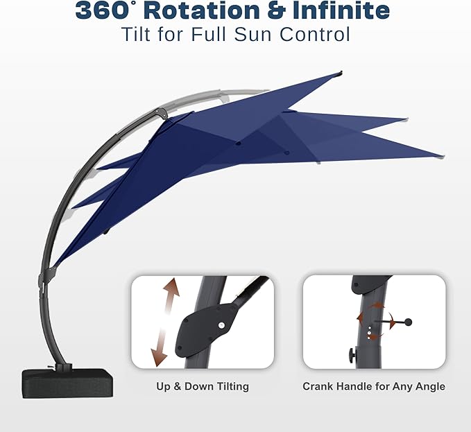 11FT Cantilever Patio Umbrella with Solar LED Lights and Base, 360 Rotating Offset Umbrella with Infinite Tilt, Heavy Duty Aluminum Frame, Outdoor Canopy for Patio, Pool, Backyard, Navy