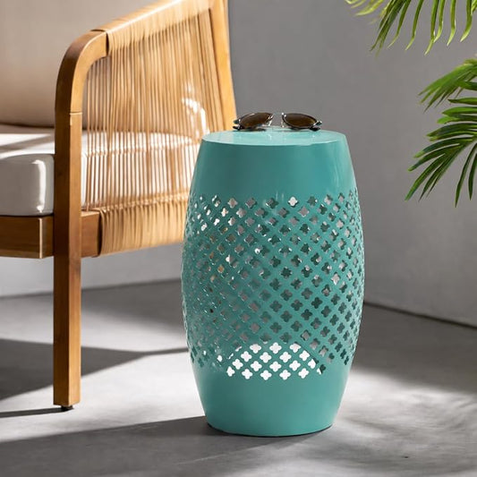 12" Outdoor Side Table, Decorative Cutout Metal Round Side Table, Multi Functional - Coffee Table, Night Stand, Plant Stand for Patio, Garden, Backyard, Gazebo Indoor (Green)