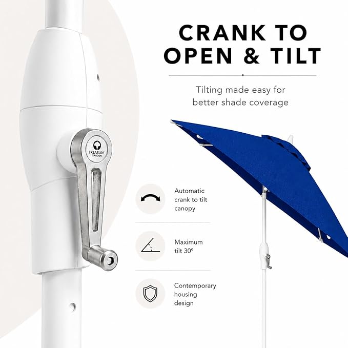 Treasure Garden 9ft Patio Umbrella - Outdoor Furniture Market Umbrella – Deluxe Auto-Tilt – White Aluminum Frame (Sunbrella, Pacific Blue)