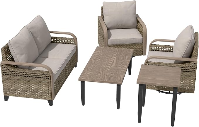 Modern Wicker Patio Furniture Set, Rattan Outdoor Conversation Set with Comfortable Cushions, 2 Swivel Rocing Chairs, 2 SeatLoveseat, Coffee Table and Side Table, 5 Pieces, Brown/Gray