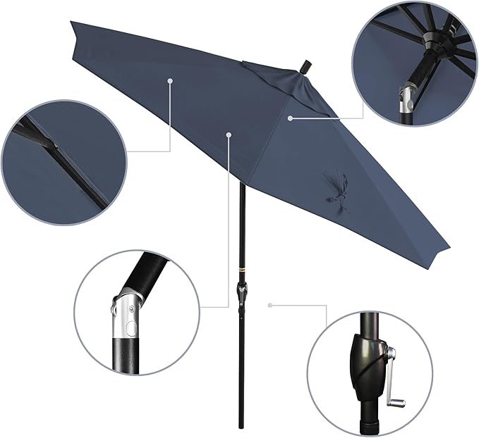 California Umbrella 9' Round Aluminum Market Umbrella, Crank Lift, Push Button Tilt, Black Pole, Pacifica