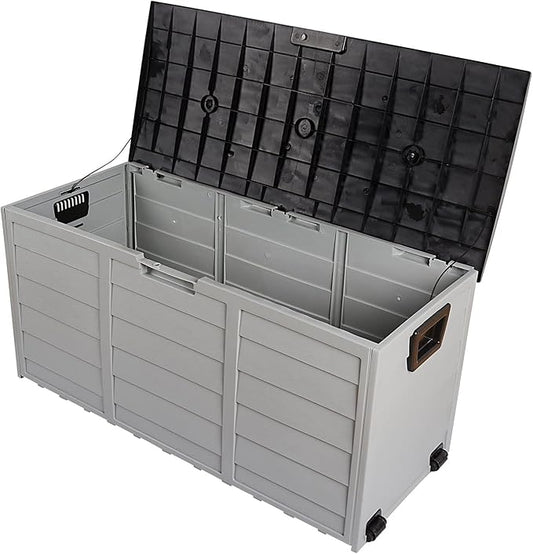 75 Gallon 260L Outdoor Deck Plastic Storage Box for Outdoor Pillows, Pool Toys, Garden Tools, Furniture and Sports Equipment | Water-Resistant | Grey | Lockable Seat